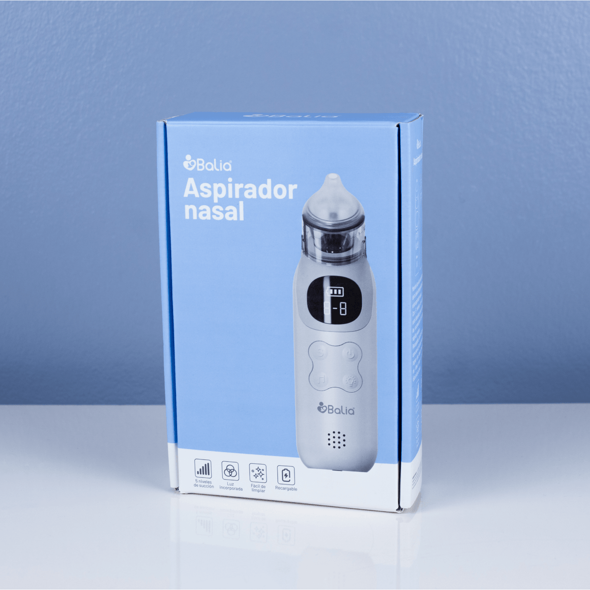 Caja de aspirador nasal Balia, diseño moderno y funcional, ideal para el bienestar del bebé.