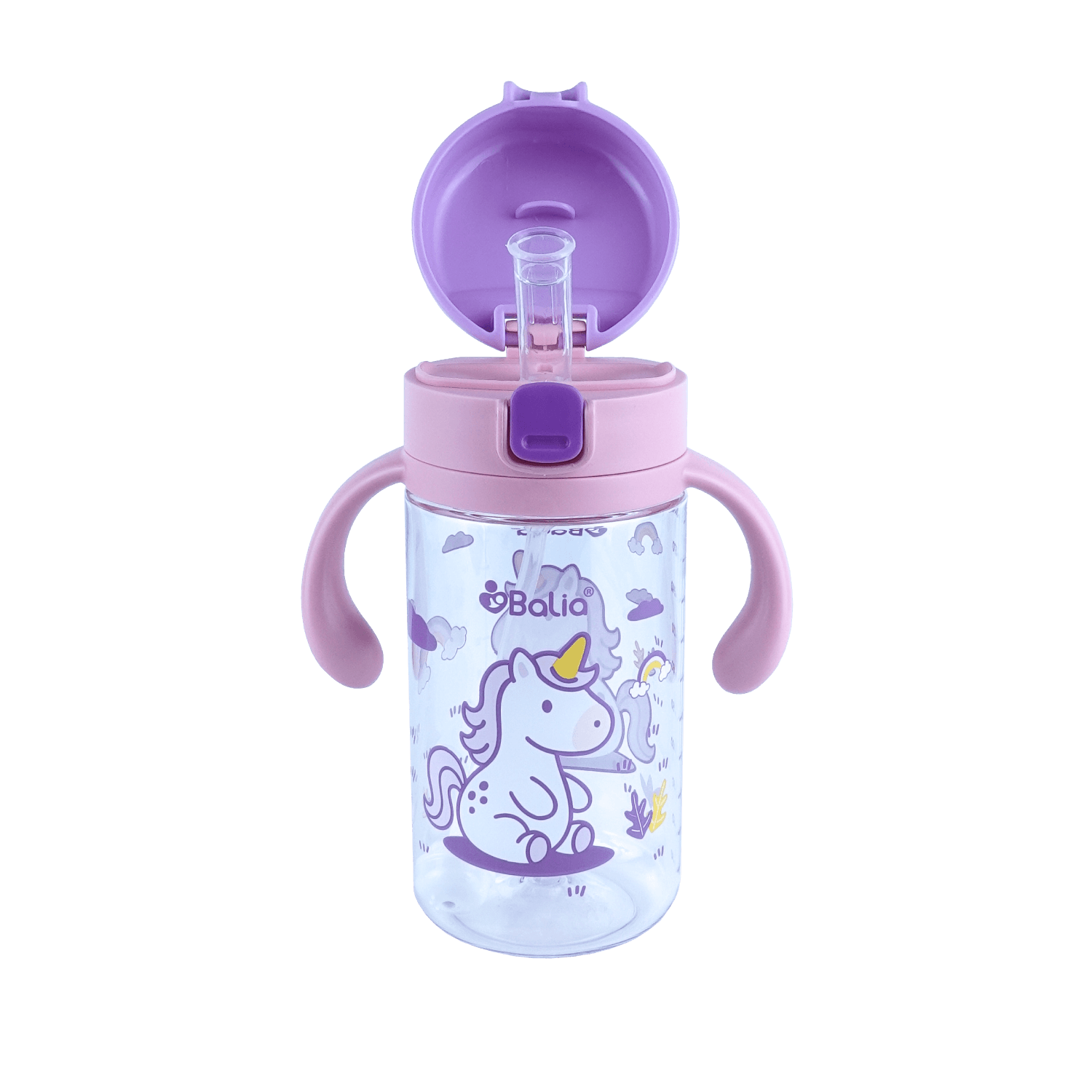 Botella de Tritan™ 5001 antiderrame con bombilla Unicornio de Balia, con diseño colorido y tapa segura.