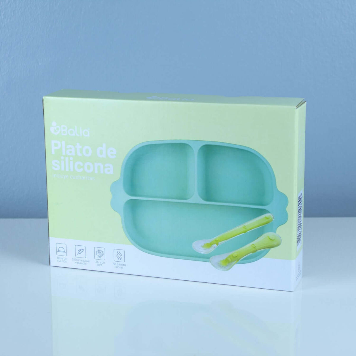 Plato de silicona para bebé de Balia, incluye cucharitas mordedoras, perfecto para la transición a sólidos.