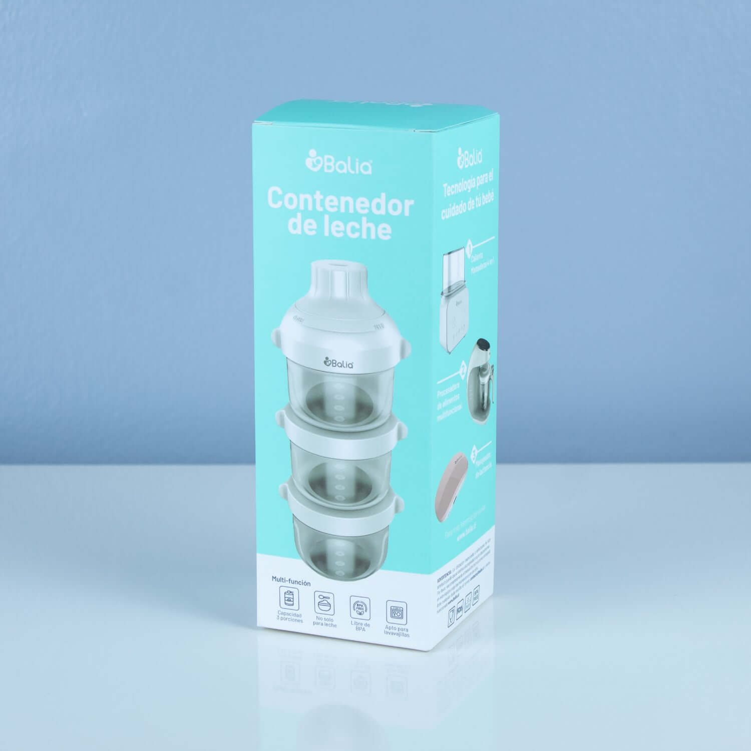 Contenedor de leche Balia en su empaque, ideal para transportar leche y snacks sin derrames.