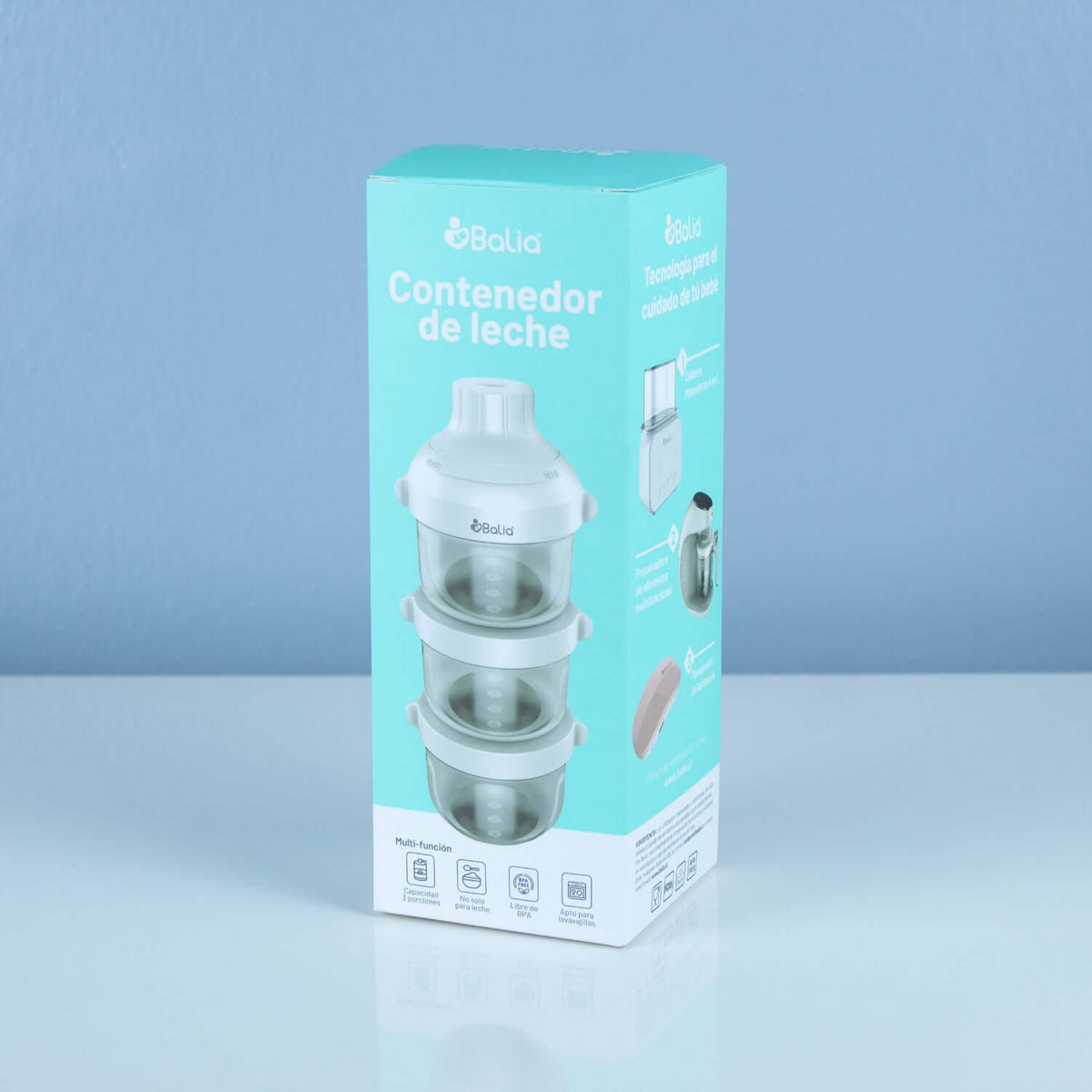 Contenedor de leche Balia en su empaque, ideal para transportar leche y snacks sin derrames.