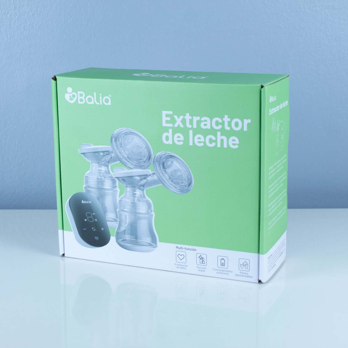 Extractor de leche doble Balia en su empaque verde, ideal para extraer leche con comodidad y suavidad.