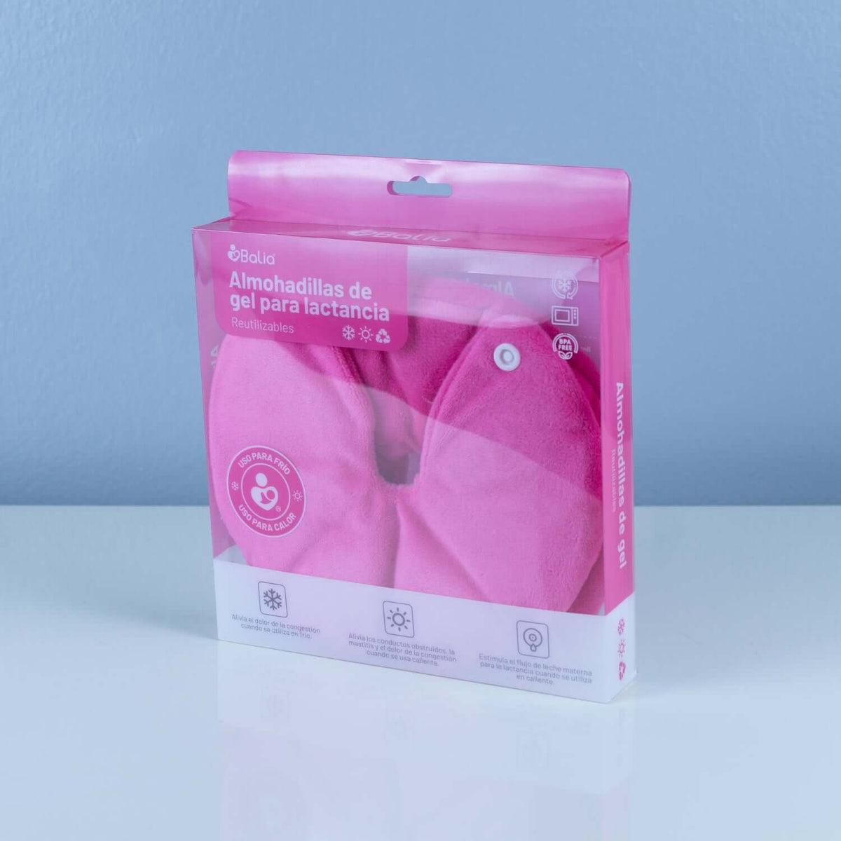Almohadillas de gel para lactancia Balia en empaque rosa, reutilizables y cómodas para la lactancia.