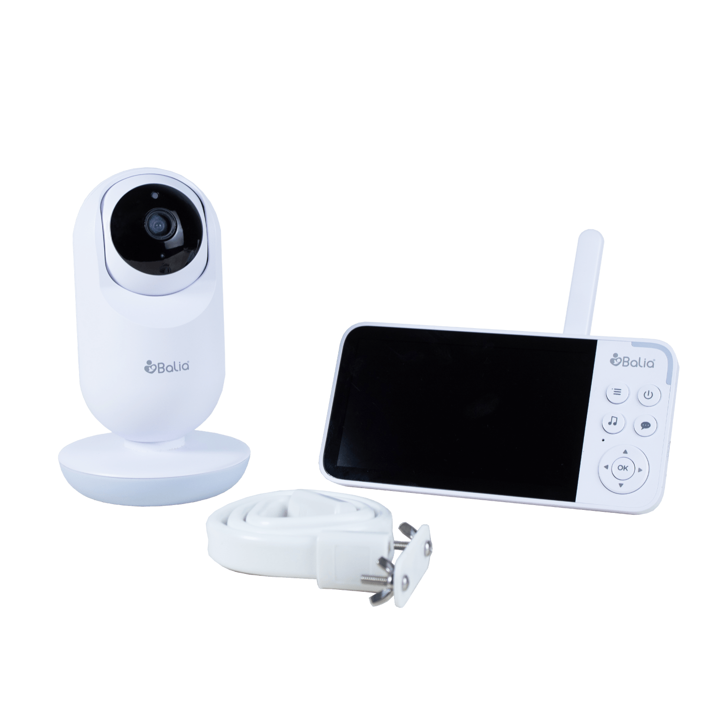 Monitor de bebé con cámara Balia, incluye cámara, pantalla y cable de alimentación.