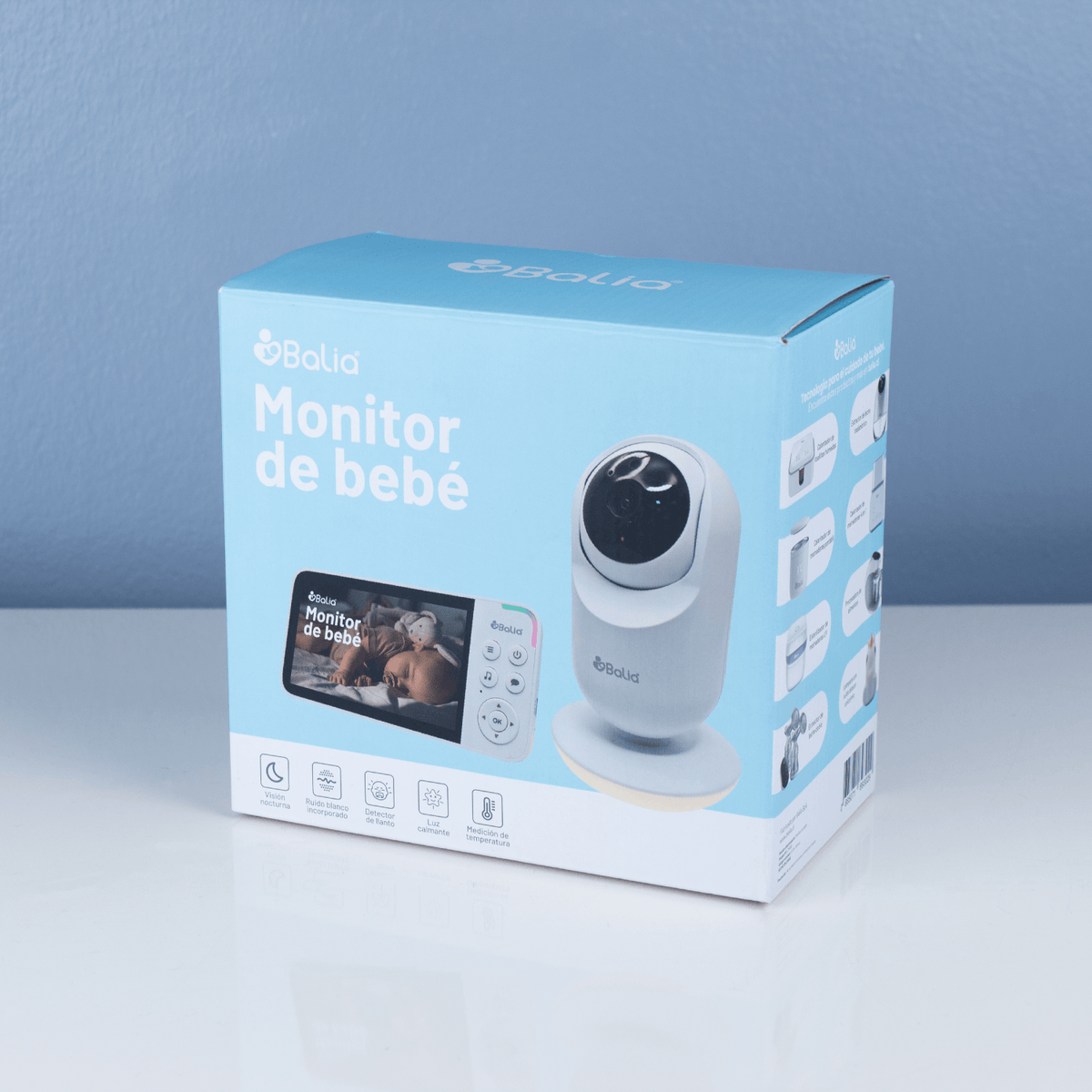 Caja del Monitor de bebé con cámara Balia, destacando funciones y diseño moderno.