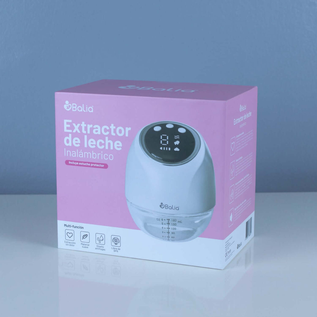 Extractor de leche inalámbrico Balia en su empaque, ideal para mamás activas que buscan comodidad.