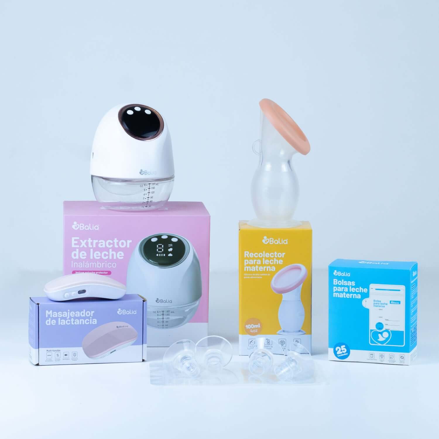 Kit Banco de Leche de Balia incluye extractor inalámbrico, recolector y almohadillas para lactancia.