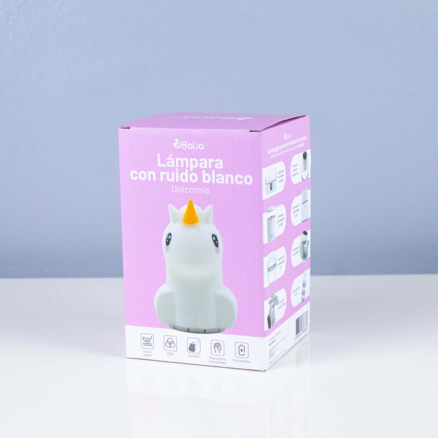 Caja de la Lámpara con ruido blanco Unicornio de Balia, diseño suave y control RGB.