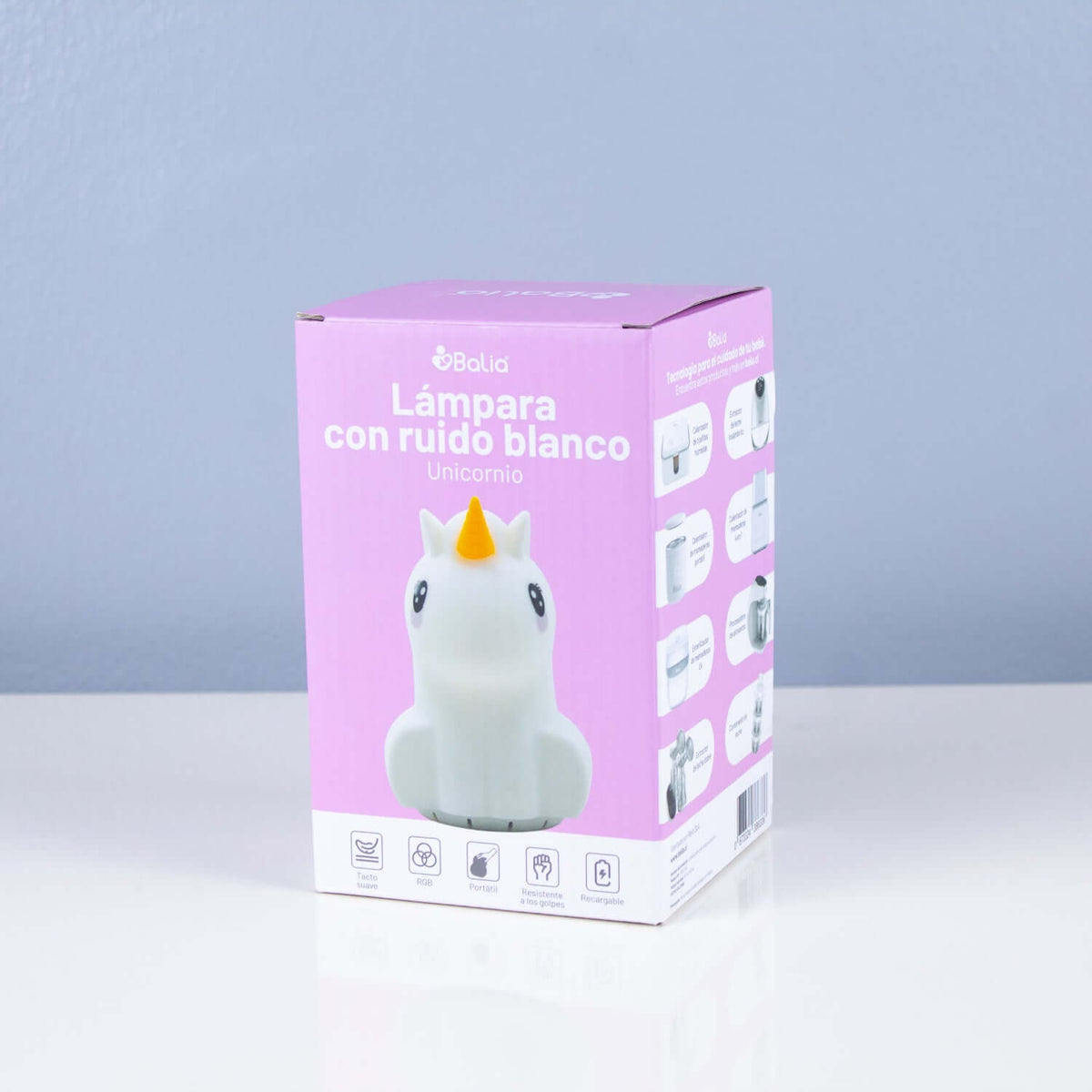 Caja de la Lámpara con ruido blanco Unicornio de Balia, diseño suave y control RGB.