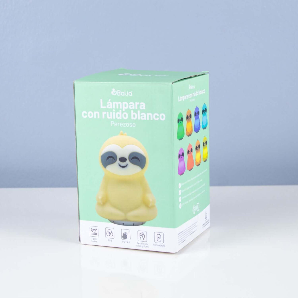 Caja de Lámpara con ruido blanco Perezoso de Balia, muestra colores RGB y diseño adorable para relajación.