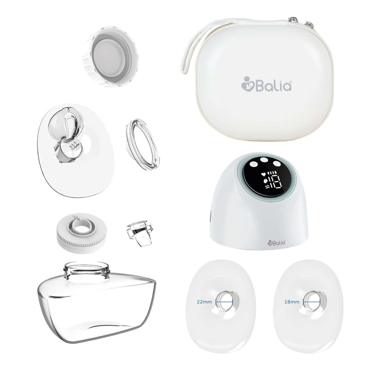 Repuestos Extractor de leche inalámbrico Balia con todos los componentes y accesorios para un uso óptimo.