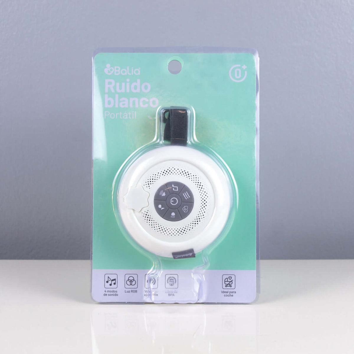 Balia Ruido blanco portátil en su empaque, ideal para calmar a los bebés con sonidos relajantes y luz RGB.