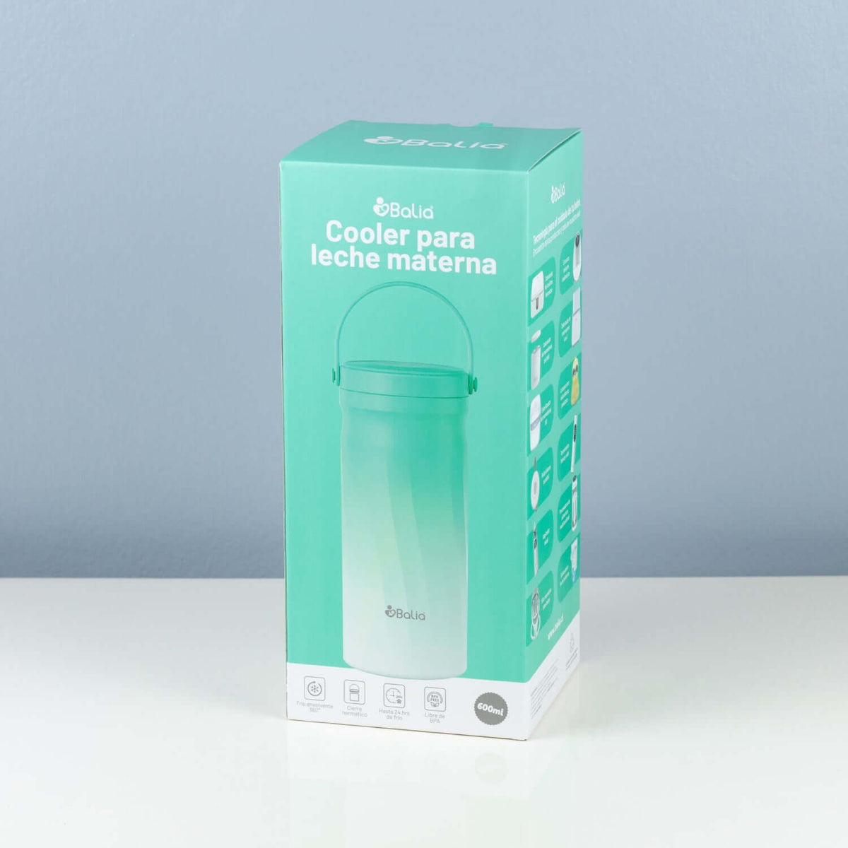 Caja del Cooler para leche materna Balia, diseño moderno y práctico para conservar la leche materna.