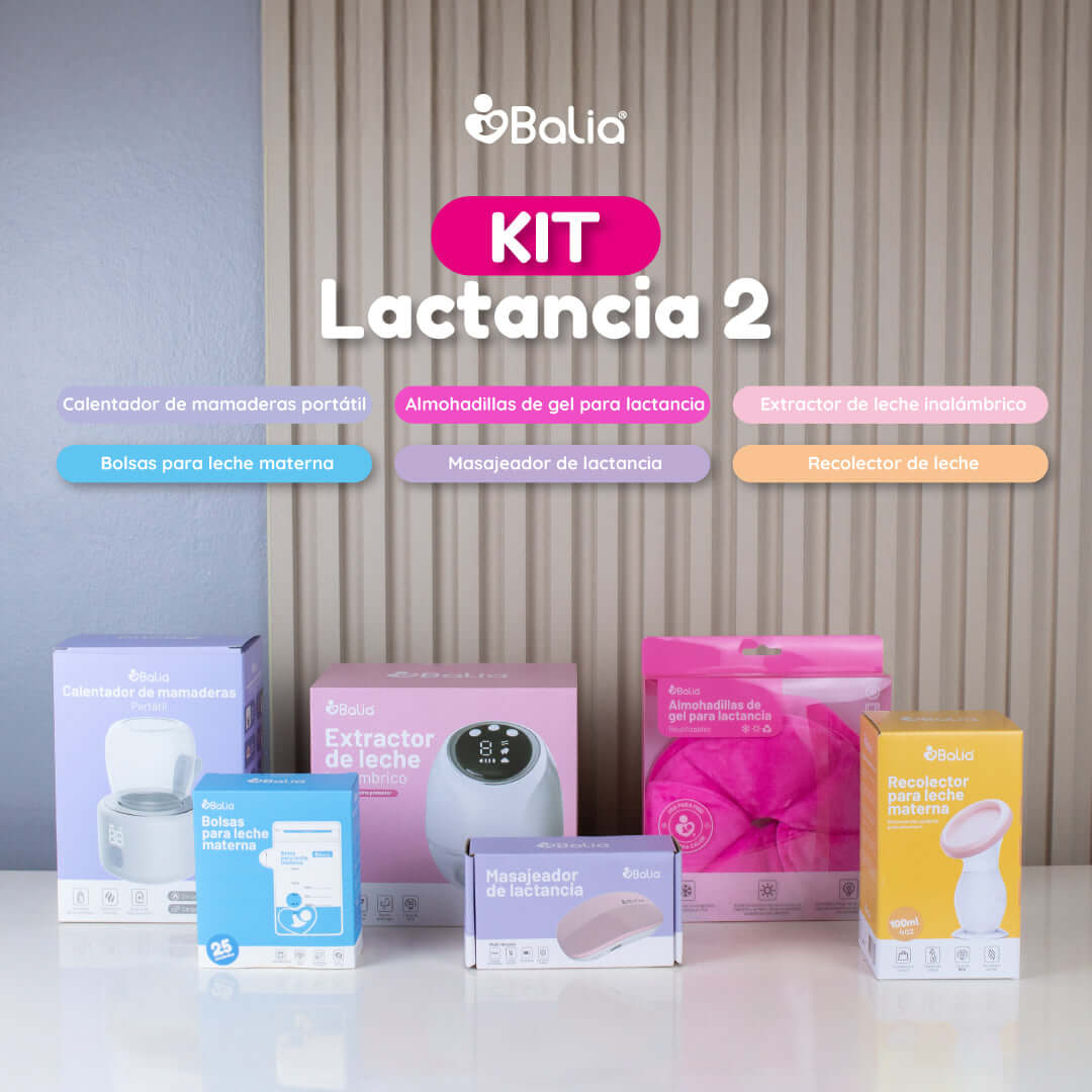 Imagen del Kit Lactancia 2 de Balia, incluye extractor, almohadillas, recolector y más esenciales para lactancia.