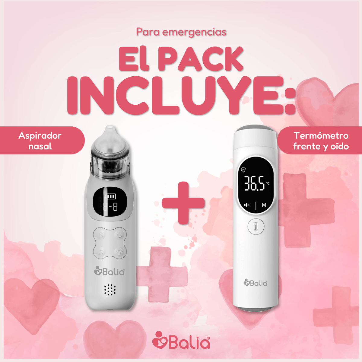 Pack Aspirador nasal + Termómetro frente y oído de Balia, ideal para emergencias y bienestar infantil.