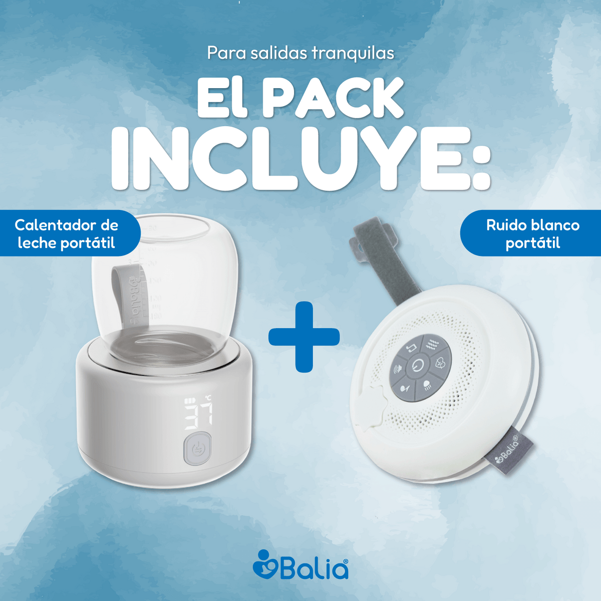 Pack Calentador portátil + Ruido blanco portátil de Balia para salidas tranquilas.