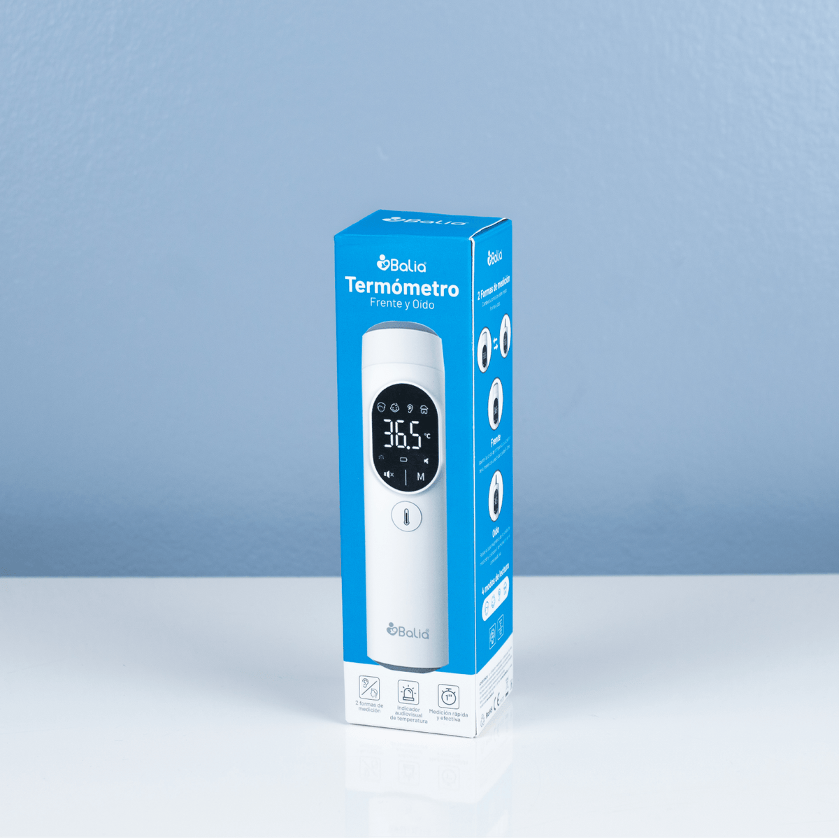 Termómetro Frente y Oído Balia con medición precisa de temperatura y luz incorporada, ideal para todas las edades.