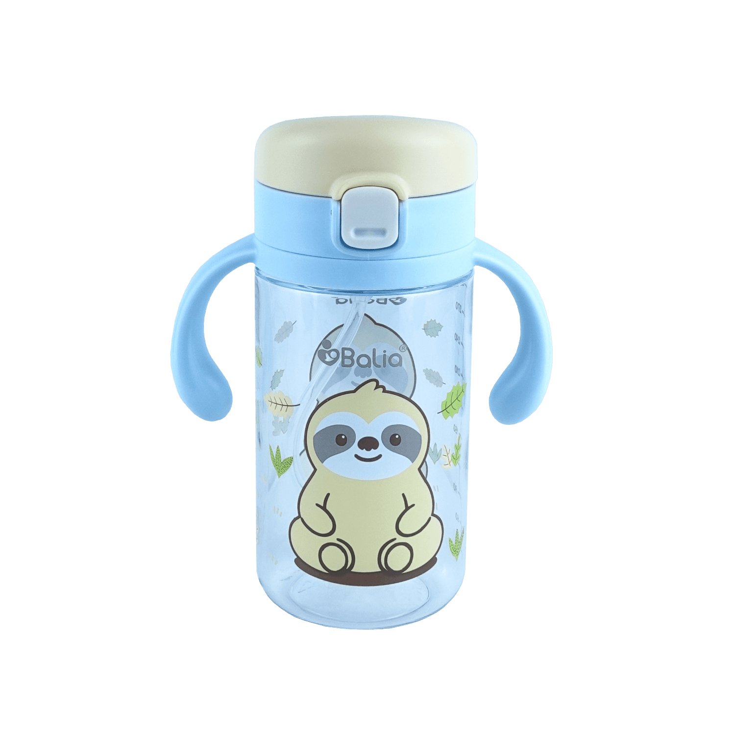 Botella de Tritan™ 5001 antiderrame con bombilla Perezoso de Balia con diseño divertido y asas para fácil manejo.