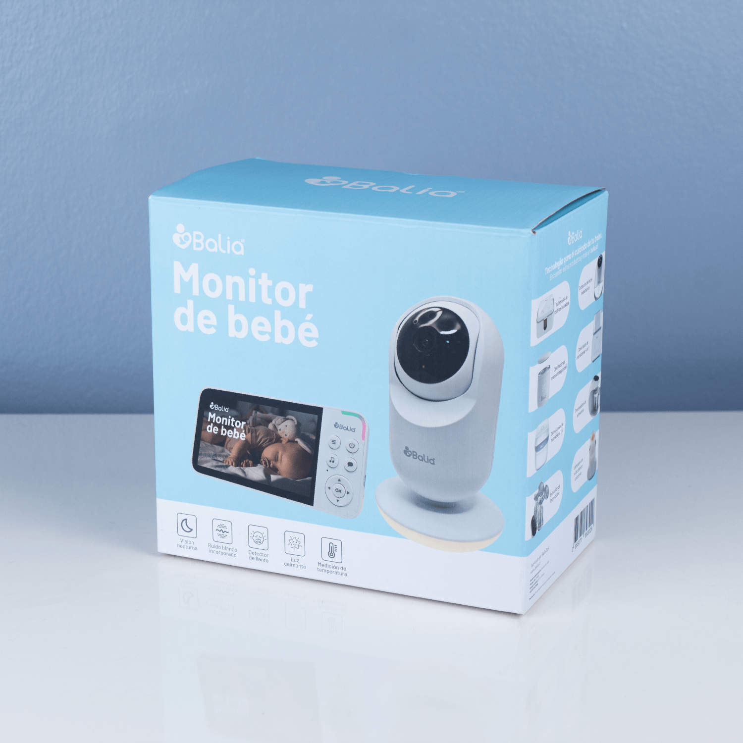 Caja del Monitor de bebé con cámara Balia, destacando funciones y diseño moderno.