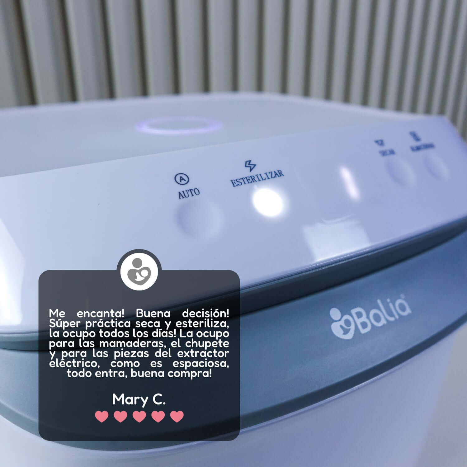 Esterilizador de mamaderas con Secador Balia con luces y panel de control, ideal para la higiene de accesorios de bebé.