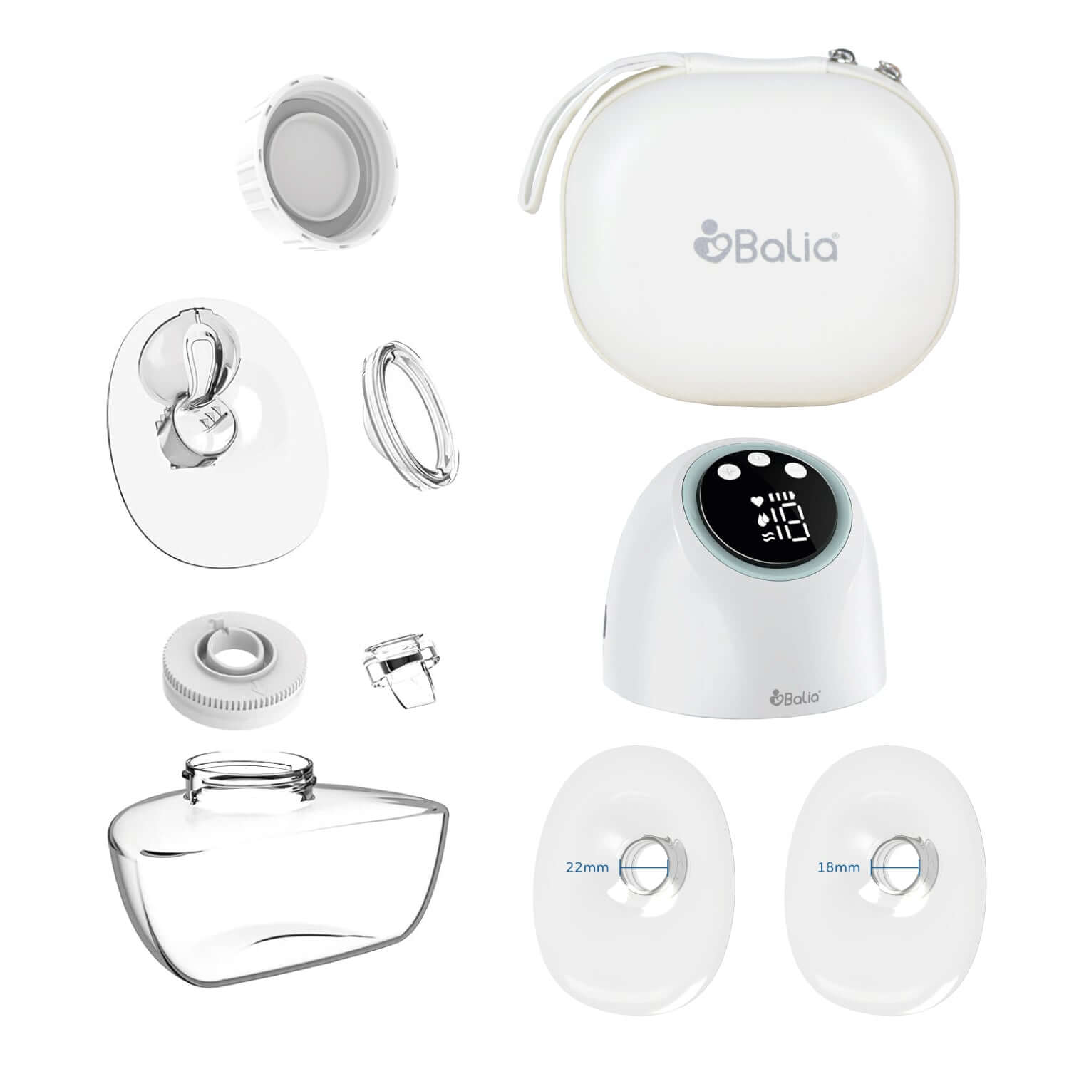 Repuestos Extractor de leche inalámbrico Balia con todos los componentes y accesorios para un uso óptimo.