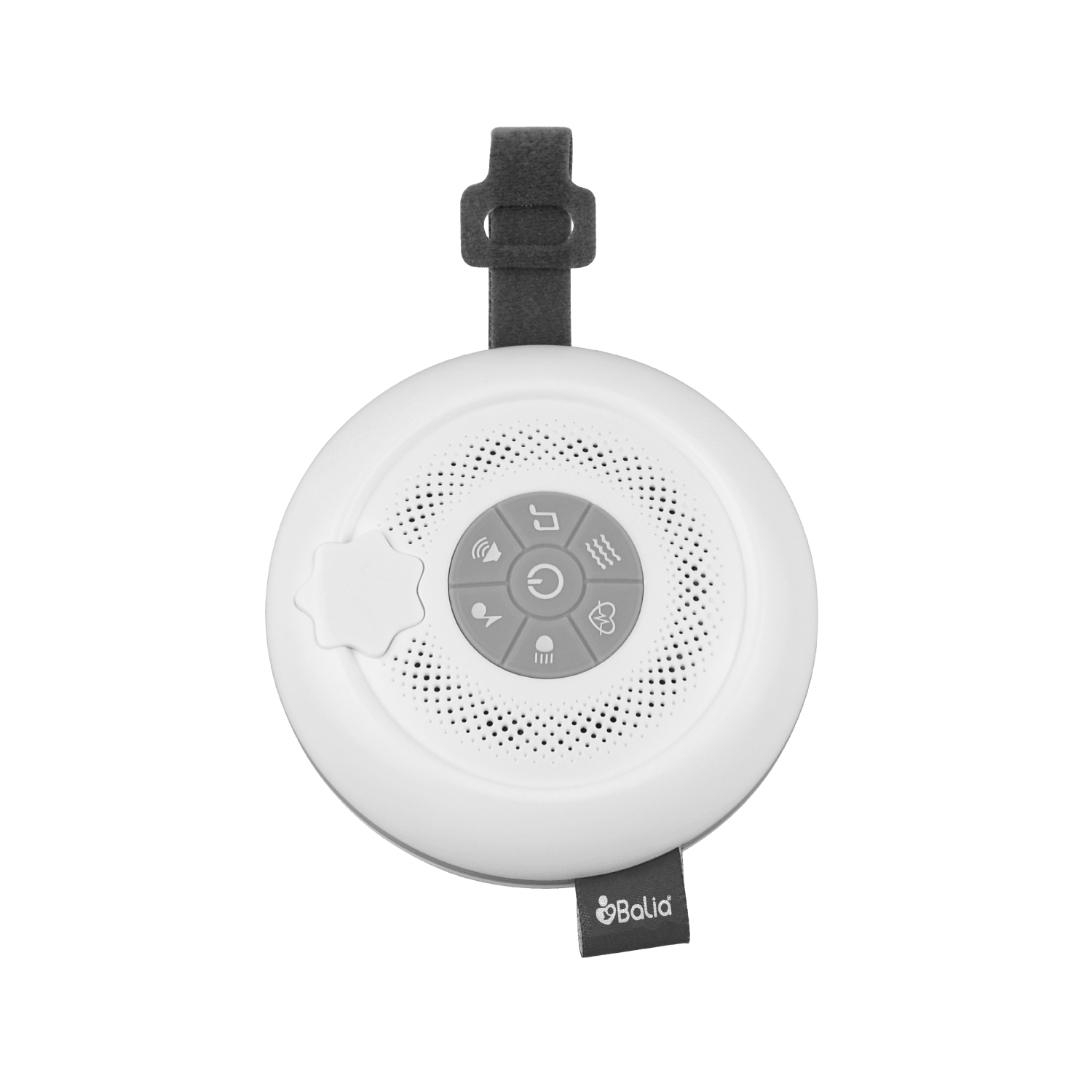 Ruido blanco portátil de Balia, diseño compacto con controles para sonidos relajantes y strap para transporte.