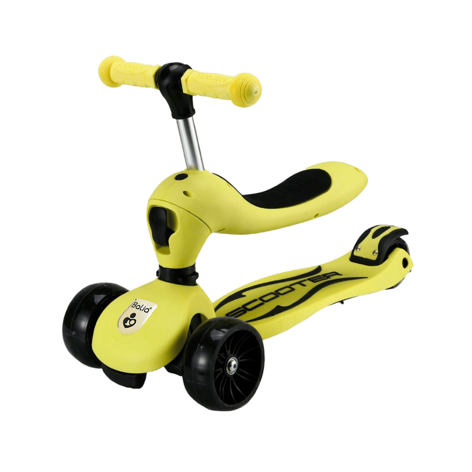 Scooter para niños y niñas 3 en 1 Balia, scooter amarillo seguro y divertido, diseño versátil.