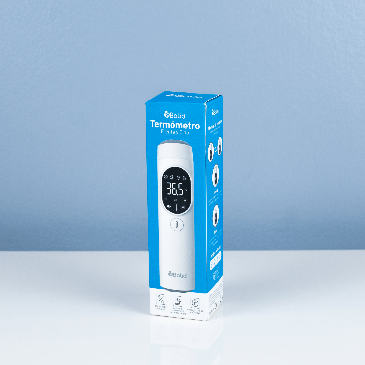 Termómetro Frente y Oído Balia con medición precisa de temperatura y luz incorporada, ideal para todas las edades.