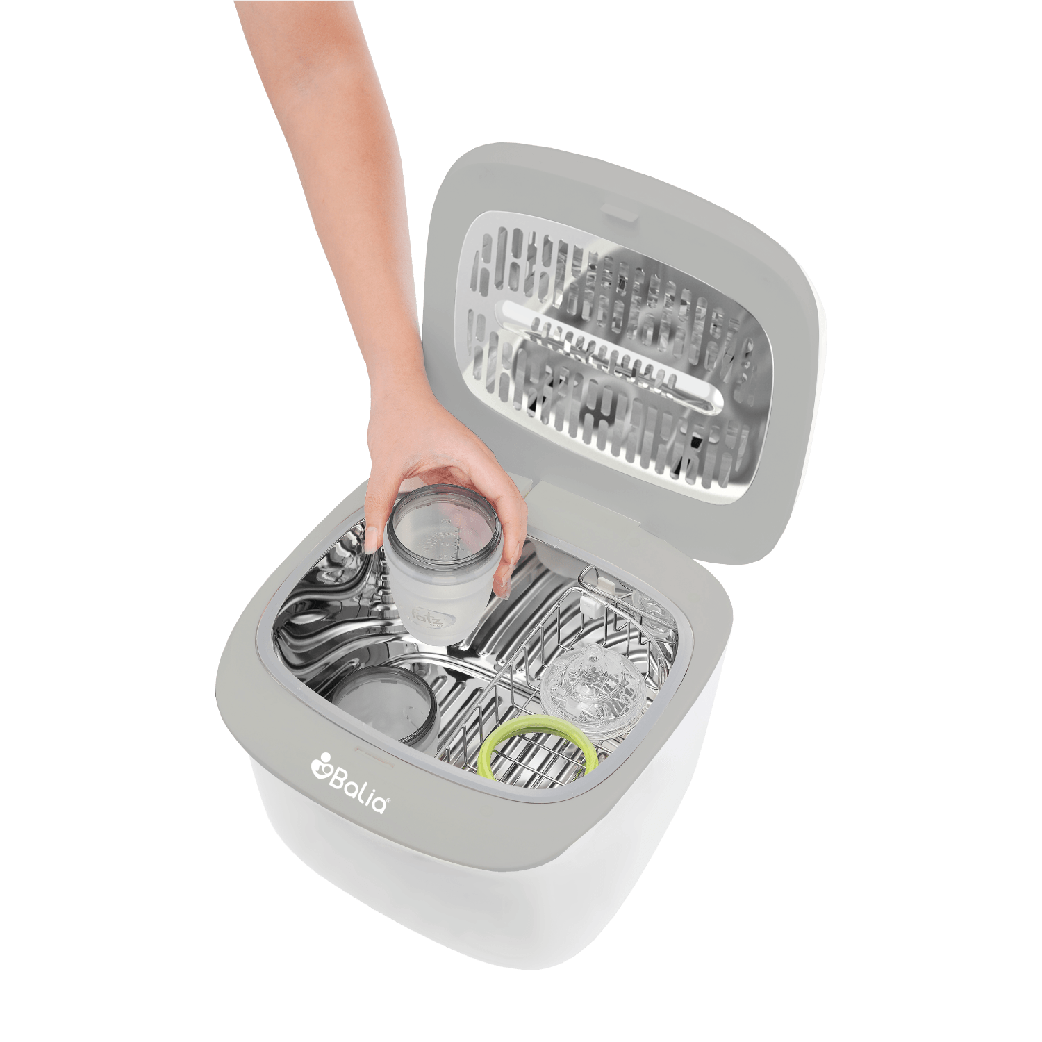 Esterilizador de mamaderas con Secador Balia, mostrando un recipiente dentro del esterilizador.