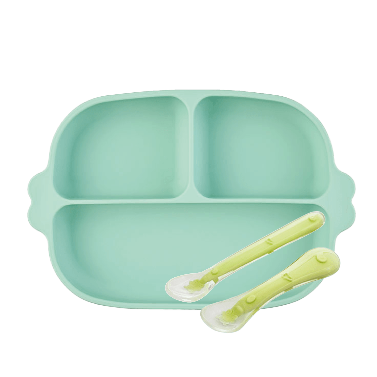 Plato de silicona para bebé de Balia con dos cucharitas mordedoras en color verde.